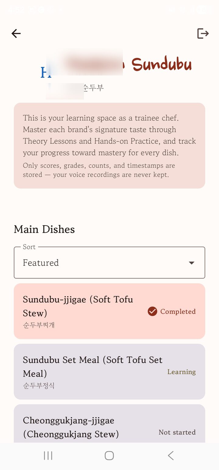 Learning menu by dish (names hidden)